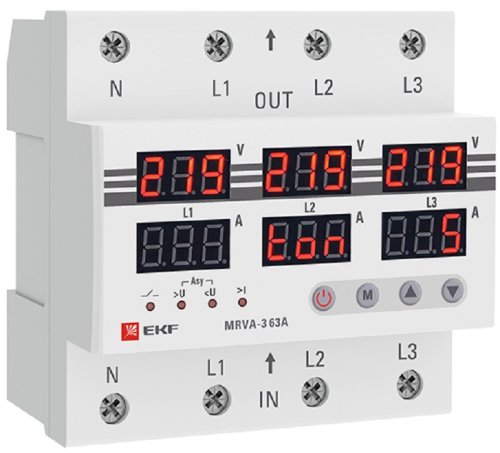 Реле напряжения и тока трехфазное цифровое на DIN-рейку EKF PROxima MRVA-3 3х63A 50-400В картинка